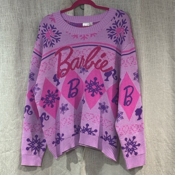 Barbie Womens Large Pink Purple Snowflakes Christmas Holiday Sweater Mad Engine - Picture 2 of 13